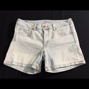 AE midi super stretch light denim shorts